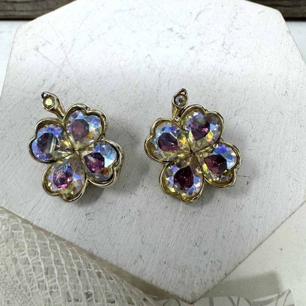 Vintage Gold Tone Four-Leaf Clover Clip-On Earrings With Iridescent Rhinestones